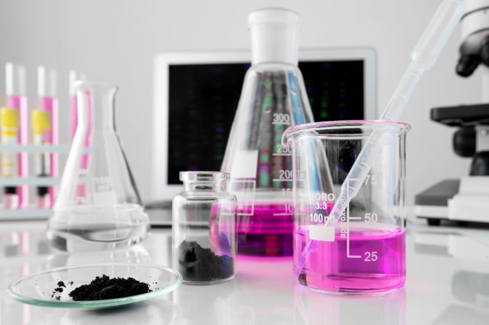 Analyse chimique en laboratoire avec verrerie, échantillons et instruments de mesure