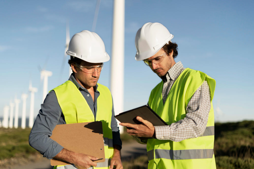 Deux ingénieurs évaluant sur site la faisabilité technique et environnementale d’une installation éolienne